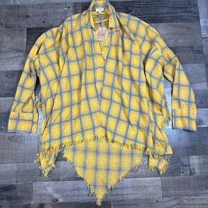 Umgee Women’s Size Medium Oversized Tunic Yellow Plaid Poncho Top Blouse NWT